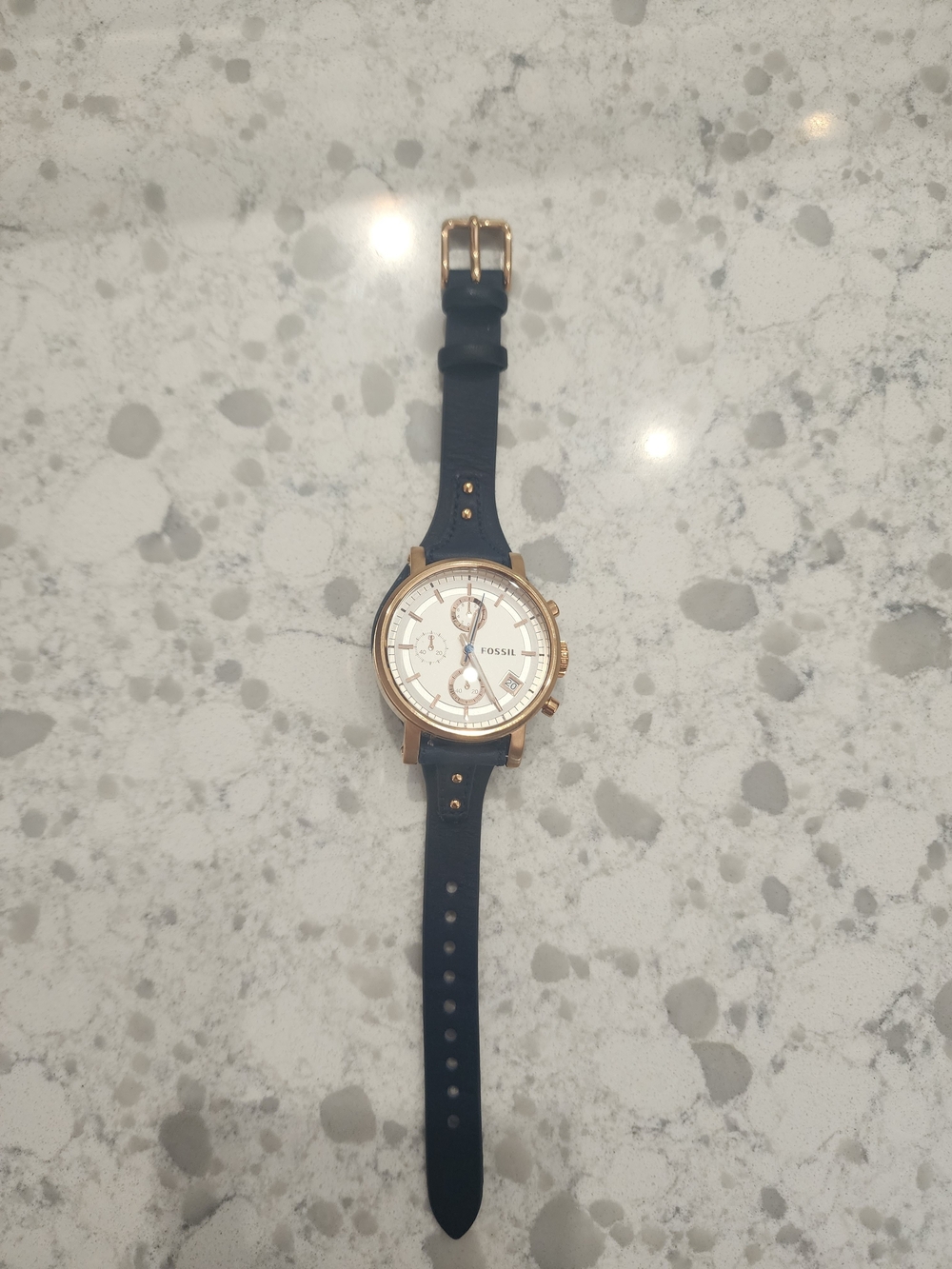 Fossil Rose Gold Case Navy Leather Strap Chronograph Watch